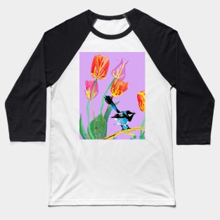 Abstract Blue Wren and Tulips Painting - on Lilac Baseball T-Shirt